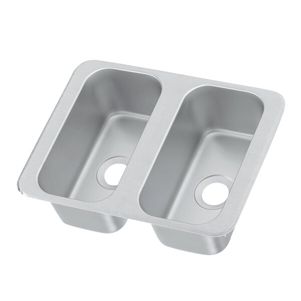 A silver stainless steel double sink with holes.