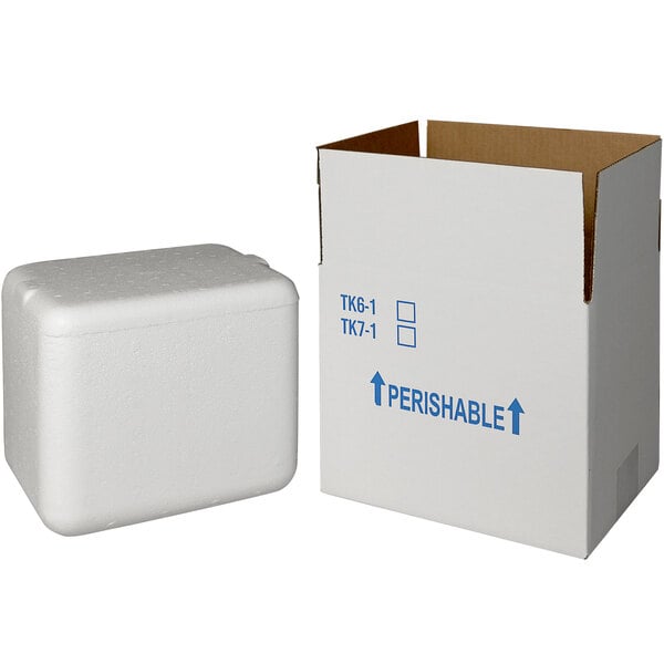 A white foam insulated shipping box with a blue lid.