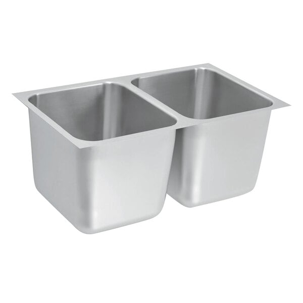 A Vollrath stainless steel undermount sink with two compartments.