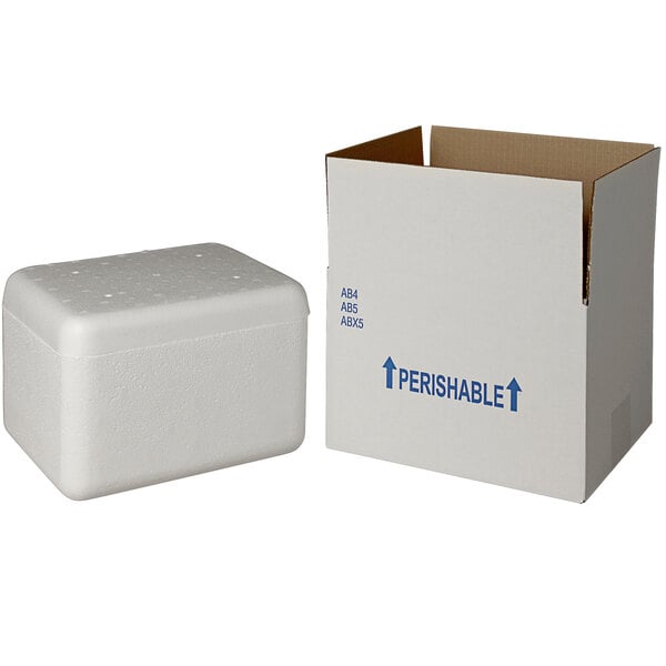 A white insulated shipping box with a white foam cooler inside.