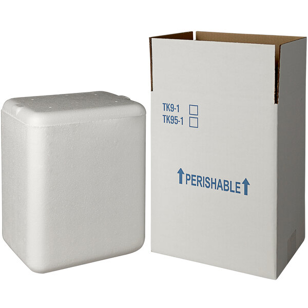 A white insulated shipping box with a white styrofoam cooler inside.