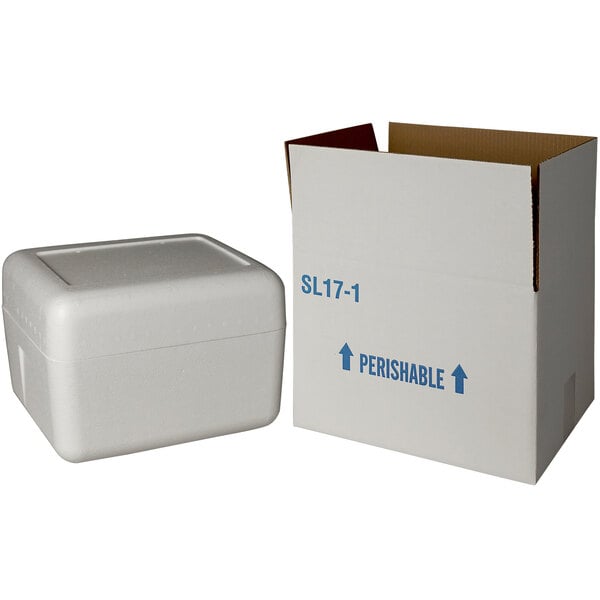 A white insulated shipping box with a lid and blue writing on it.