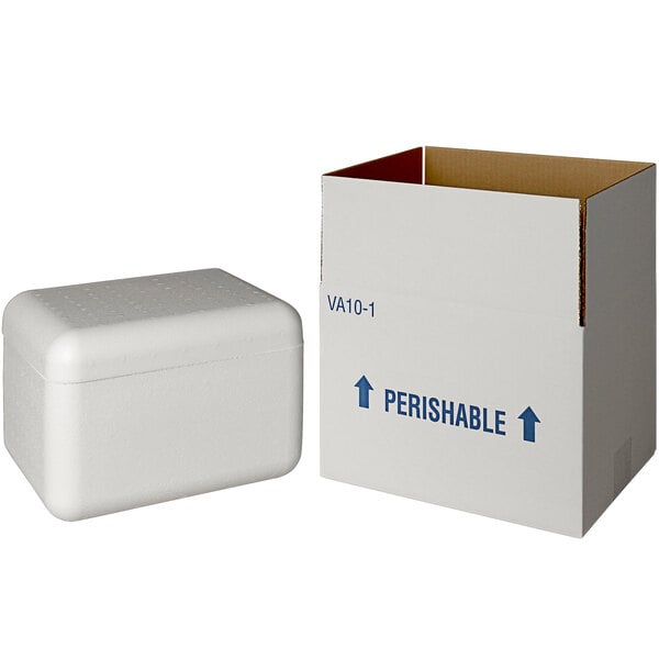 An insulated white shipping box with blue writing.