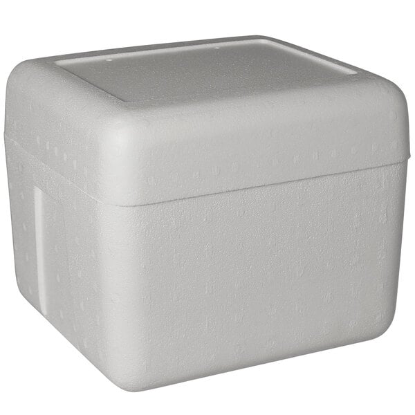 A white styrofoam box with a lid.