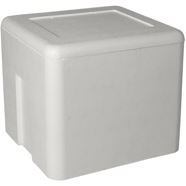 An insulated white foam cooler box with a lid.