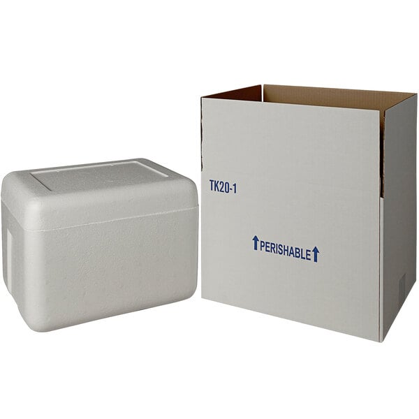 An insulated white shipping box with a foam cooler inside.