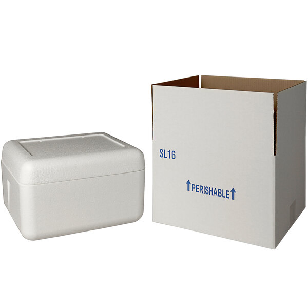 A white styrofoam insulated shipping box with a lid.