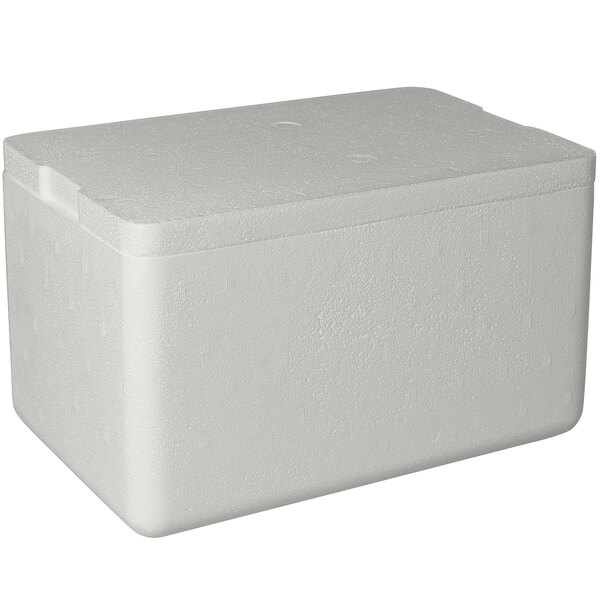 A white styrofoam cooler with a lid.