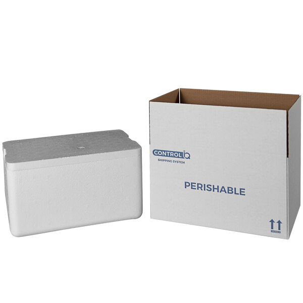 A white rectangular insulated shipping box with a white foam cooler lid.