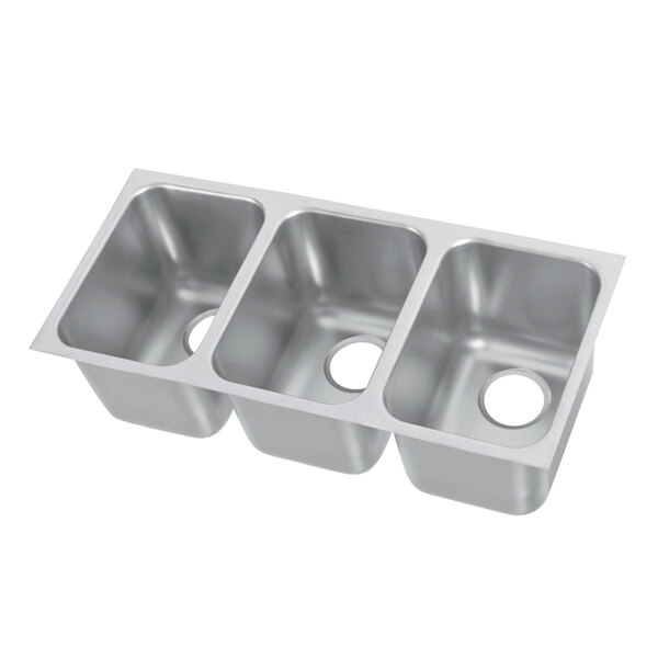 A silver metal Vollrath sink with three compartments.