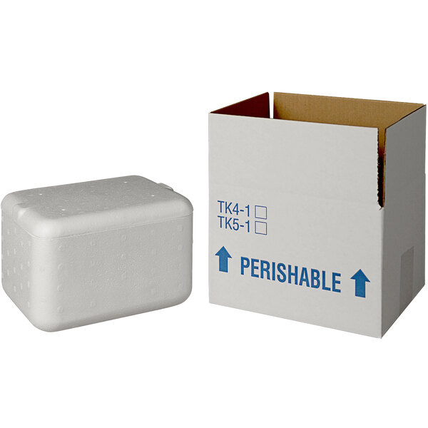 A white insulated shipping box with blue writing.