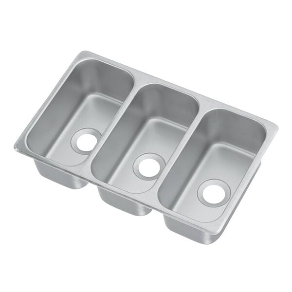 A silver metal Vollrath drop-in sink tray with 3 compartments and holes.