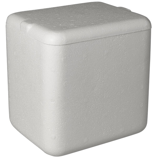 A white styrofoam container with a lid.