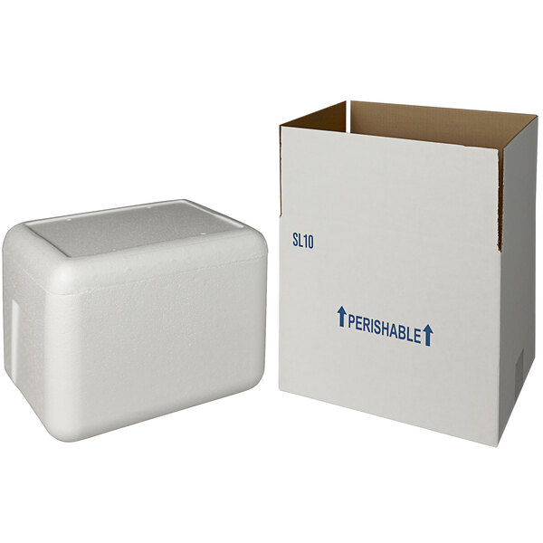 A white insulated shipping box with blue writing on it and a white foam cooler inside.