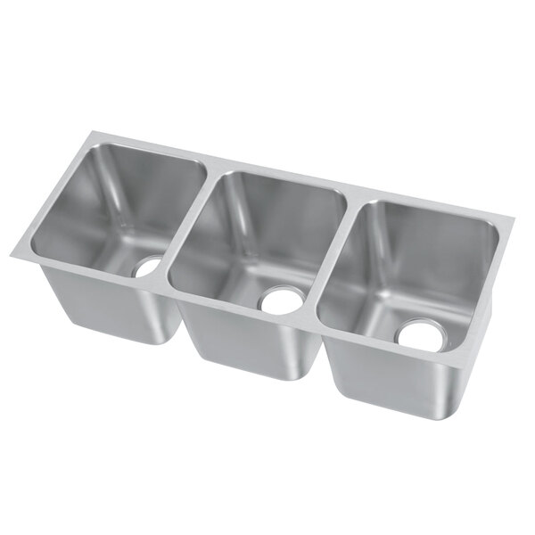 A close-up of the stainless steel Vollrath 3 compartment sink.