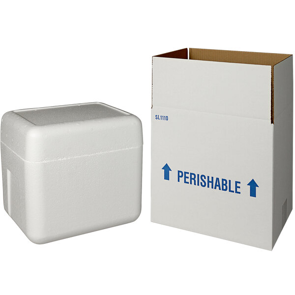 A white insulated shipping box with a white foam cooler inside.