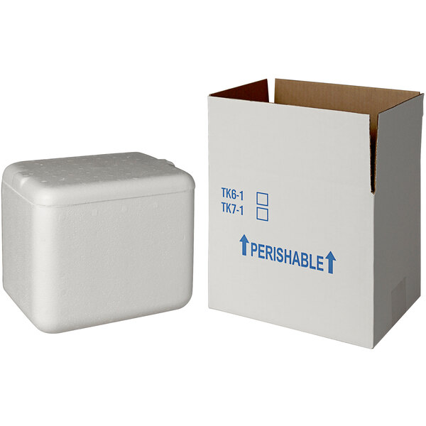 A white insulated shipping box with a white styrofoam cooler inside.