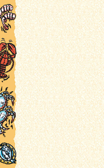 White menu paper with a yellow background and a blue and white fish in a circle and a red and black crab.