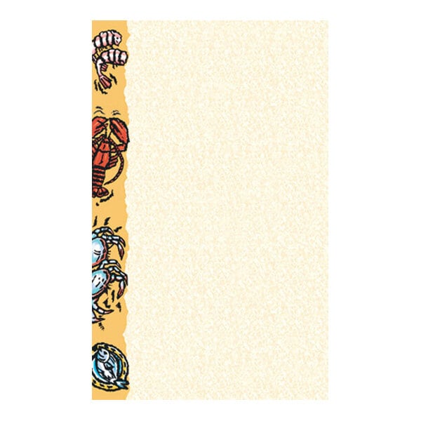 A sheet of paper with a textured beige background and a vertical border on the left featuring colorful illustrations of seafood such as shrimp, lobster, crab, and fish.