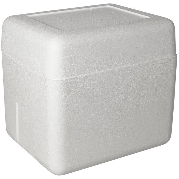 A white foam cooler with a lid.