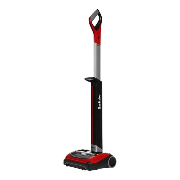 A red and black Sanitaire TRACER cordless upright vacuum cleaner.