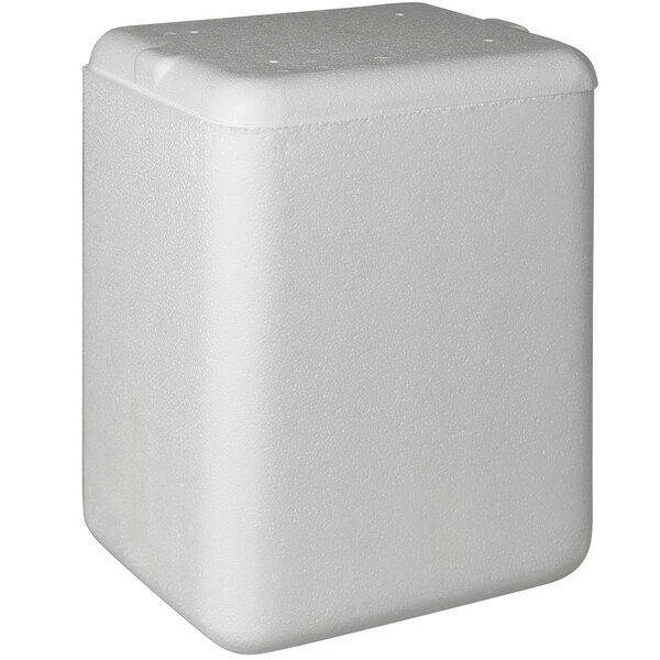 A white foam cooler with a lid.