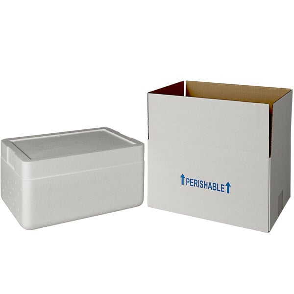 A white insulated shipping box with a blue foam cooler inside.