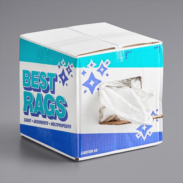 A white box of Monarch Brands Multi-Purpose White Terry Cloth Rags with a hole in it.