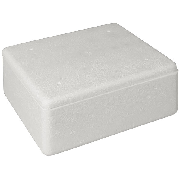 An insulated white foam cooler with a white lid.