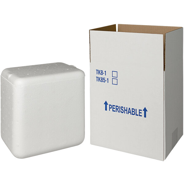 A white insulated shipping box with blue writing on it.