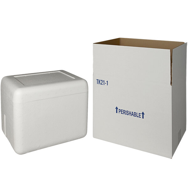 A white insulated shipping box with a white styrofoam cooler inside.