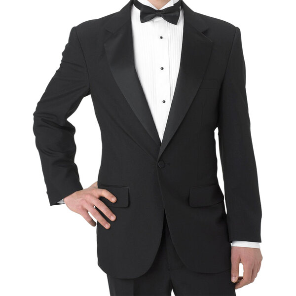 A man wearing a Henry Segal black tuxedo jacket.