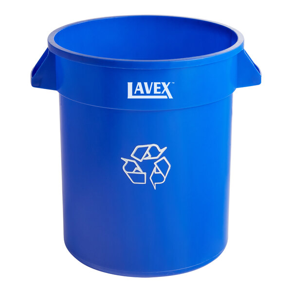 A blue plastic round recycling bin with white "Lavex" text.