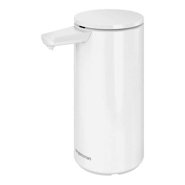 A white stainless steel Simplehuman touchless sensor pump with a white lid.