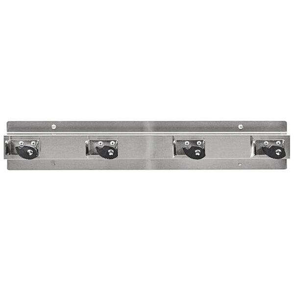 A stainless steel Ex-Cell Kaiser mop and broom holder with three hooks.
