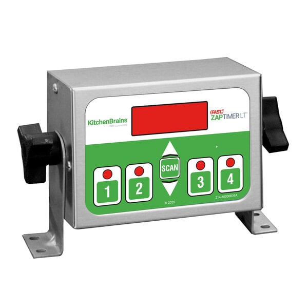 A Kitchen Brains digital timer with a green and white display on a counter.