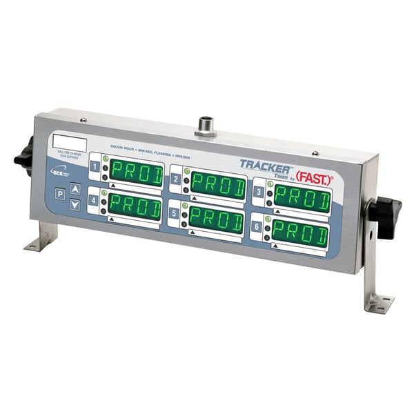 A Kitchen Brains TRACKER programmable digital timer with a grey electronic device and green digital display.