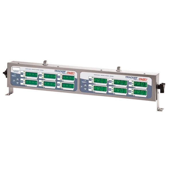 A white Kitchen Brains TRACKER programmable digital timer panel with a digital display and green and blue lights.