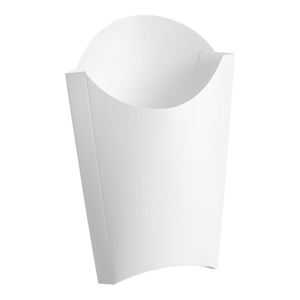 A white paper French fry scoop with a curved top.