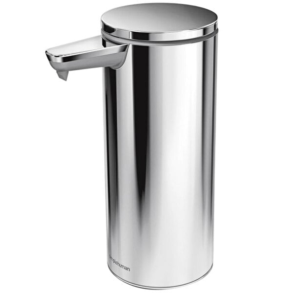 A Simplehuman stainless steel soap dispenser with a polished finish and a lid.