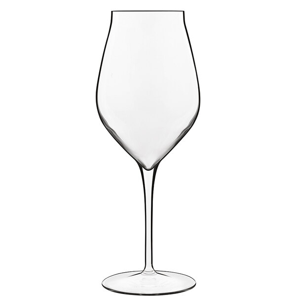 A close-up of a Luigi Bormioli Vinea red wine glass with a clear stem.