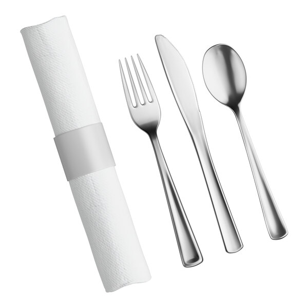 Hoffmaster 119956 CaterWrap 17" x 17" Pre-Rolled Linen-Like White Napkin and Metallic Silver Extra Heavy Weight Plastic Cutlery Set - 100/Case