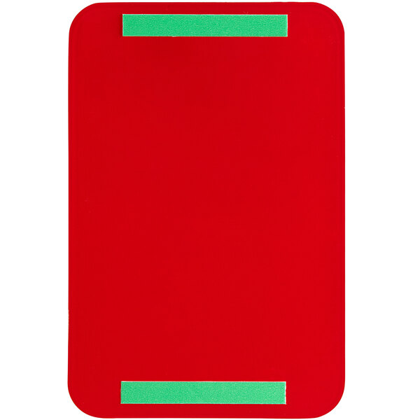 A red rectangular sign with white and green text.