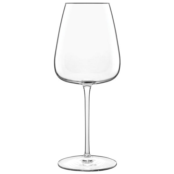 A close-up of a Luigi Bormioli Chardonnay wine glass with a stem on a white background.