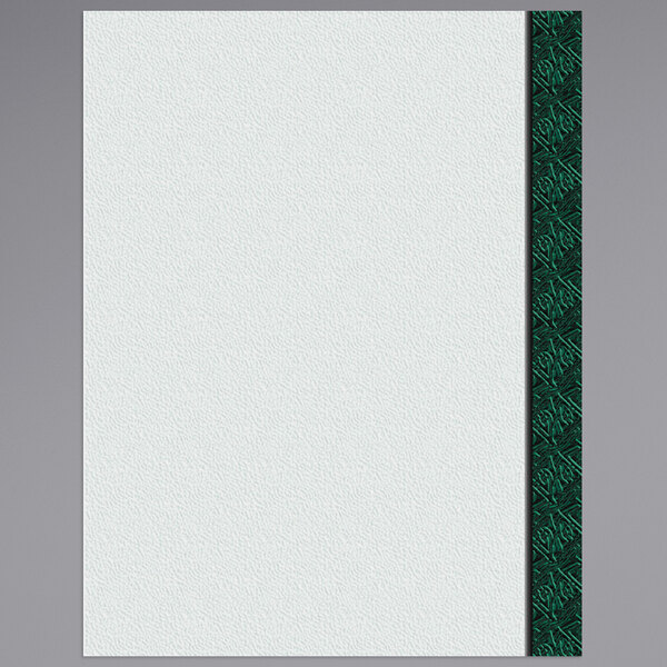 A white menu paper with a green woven border.