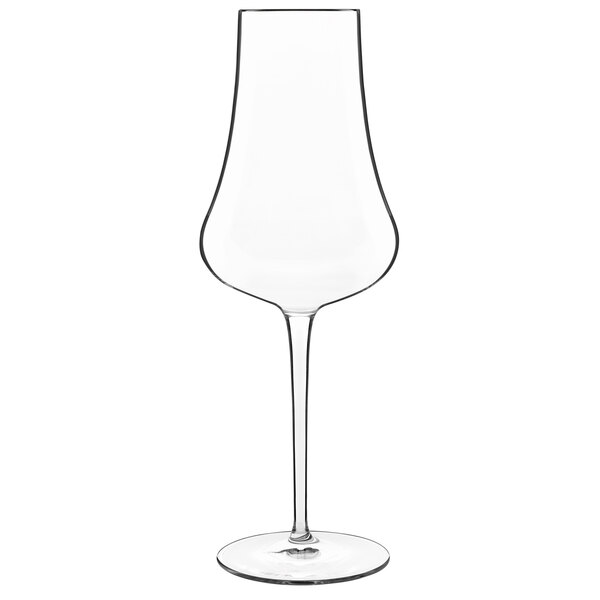 A clear Luigi Bormioli champagne flute with a long stem.