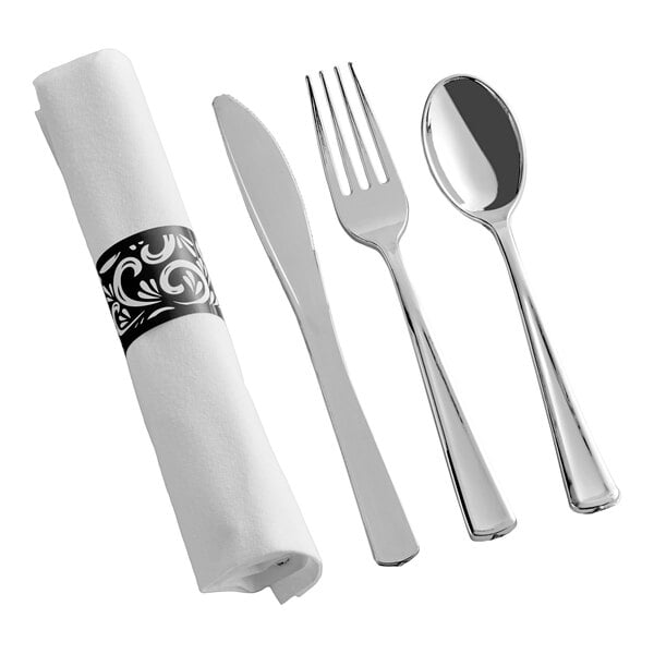 Hoffmaster 119978 CaterWrap 17" x 17" Pre-Rolled Scroll Linen-Like White Napkin and Metallic Silver Extra Heavy Weight Plastic Cutlery Set - 100/Case