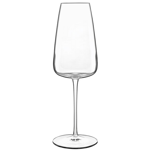 A clear Luigi Bormioli champagne flute with a long stem.