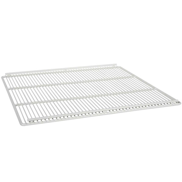 A white metal shelf with a white metal grate.