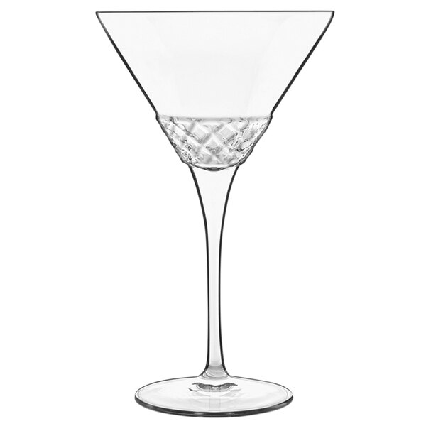 A clear Luigi Bormioli martini glass with a diamond pattern.